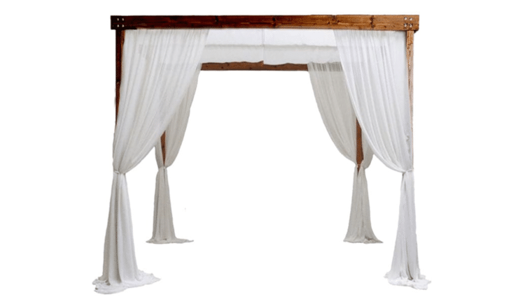 Cabana – 10 x 10’w x 8’h Rustic Wood Cabana With White Draping | Rental Cabana – 10 x 10’w x 8’h Rustic Wood Cabana With White Draping | Rental