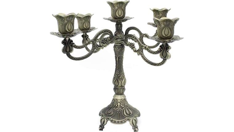 5-Candle Metal Candelabra Centerpiece Candle Stand Home Decoration for Event, Wedding, Party, Tulip Pattern-Bronze | Rental 5-Candle Metal Candelabra Centerpiece Candle Stand Home Decoration for Event, Wedding, Party, Tulip Pattern-Bronze | Rental