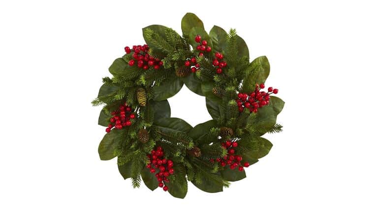 24” Magnolia Leaf, Berry and Pine Artificial Wreath | Rental