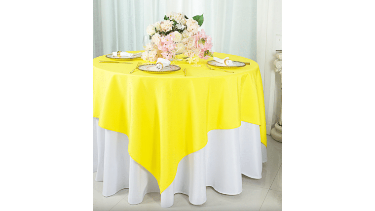 Polyester | Canary Yellow | 54″ Square Overlay/Tablecloth | Rental