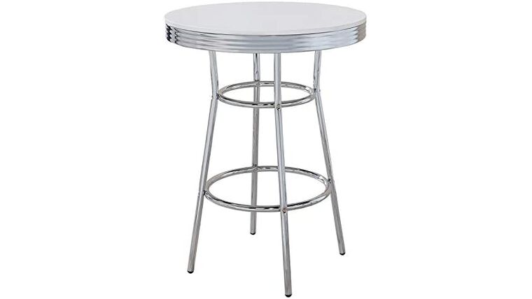Cocktail – Retro 1950s Soda Fountain Round Pub Height Bar Table White High Gloss Chrome Metal Frame | Rental Cocktail – Retro 1950s Soda Fountain Round Pub Height Bar Table White High Gloss Chrome Metal Frame | Rental