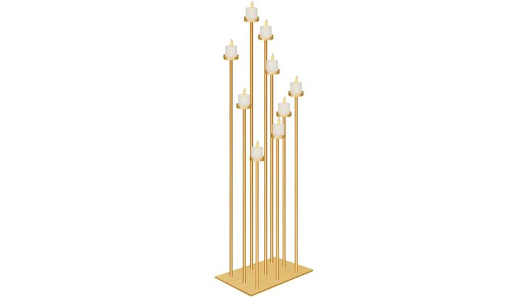 9 Gold Candle Holders Candelabra Floor 42 inch Tall Centerpiece for Wedding Decor Using Tealight Set Large with Iron | Rental 9 Gold Candle Holders Candelabra Floor 42 inch Tall Centerpiece for Wedding Decor Using Tealight Set Large with Iron | Rental