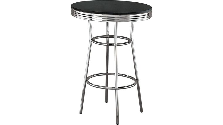 Cocktail – Retro 1950s Soda Fountain Round Pub Height Bar Table Black High Gloss Chrome Metal Frame | Rental Cocktail – Retro 1950s Soda Fountain Round Pub Height Bar Table Black High Gloss Chrome Metal Frame | Rental