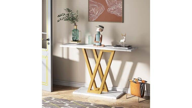 Console Table – Gold Console Table, Modern Hallway Table for Entryway, 43 Inch Entryway Tables Narrow Sofa Table for Living Room, Stable Metal Frame & Easy Assemble, Faux Marble White | Rental