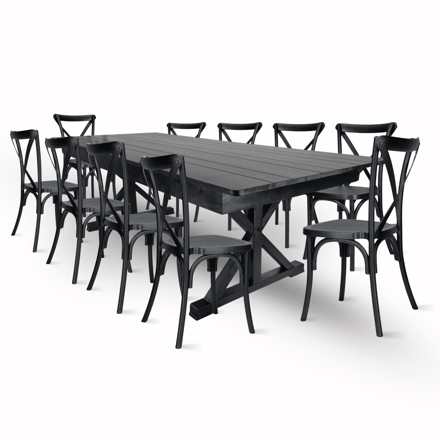 Black X-Leg Farm Table Dining Set Set with 10 Chairs | Rental Black X-Leg Farm Table Dining Set Set with 10 Chairs | Rental