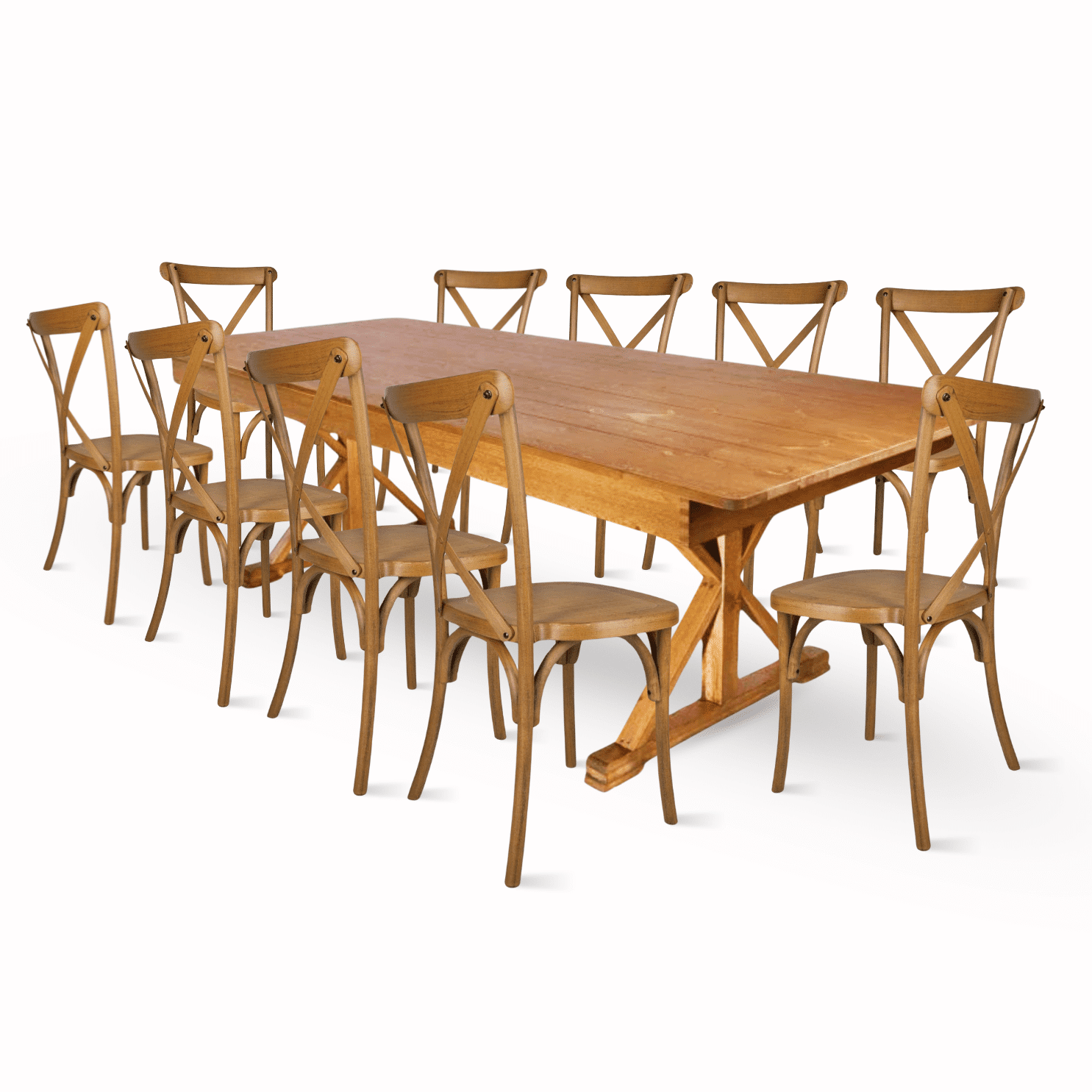 Chestnut X-Leg Farm Table Dining Set with 10 Chairs | Rental