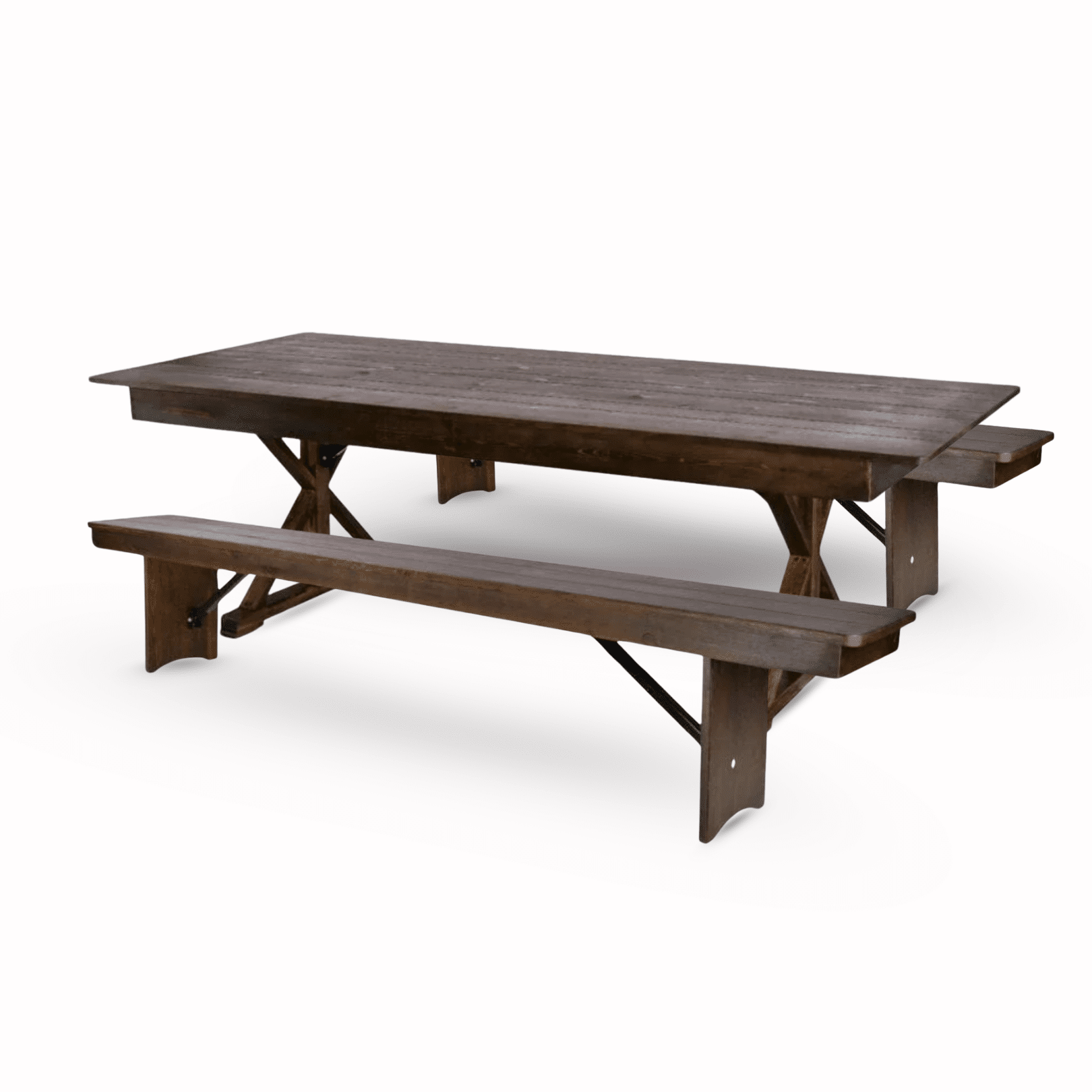 Fruitwood X-Leg Farm Table Dining Set with 2 Benches | Rental