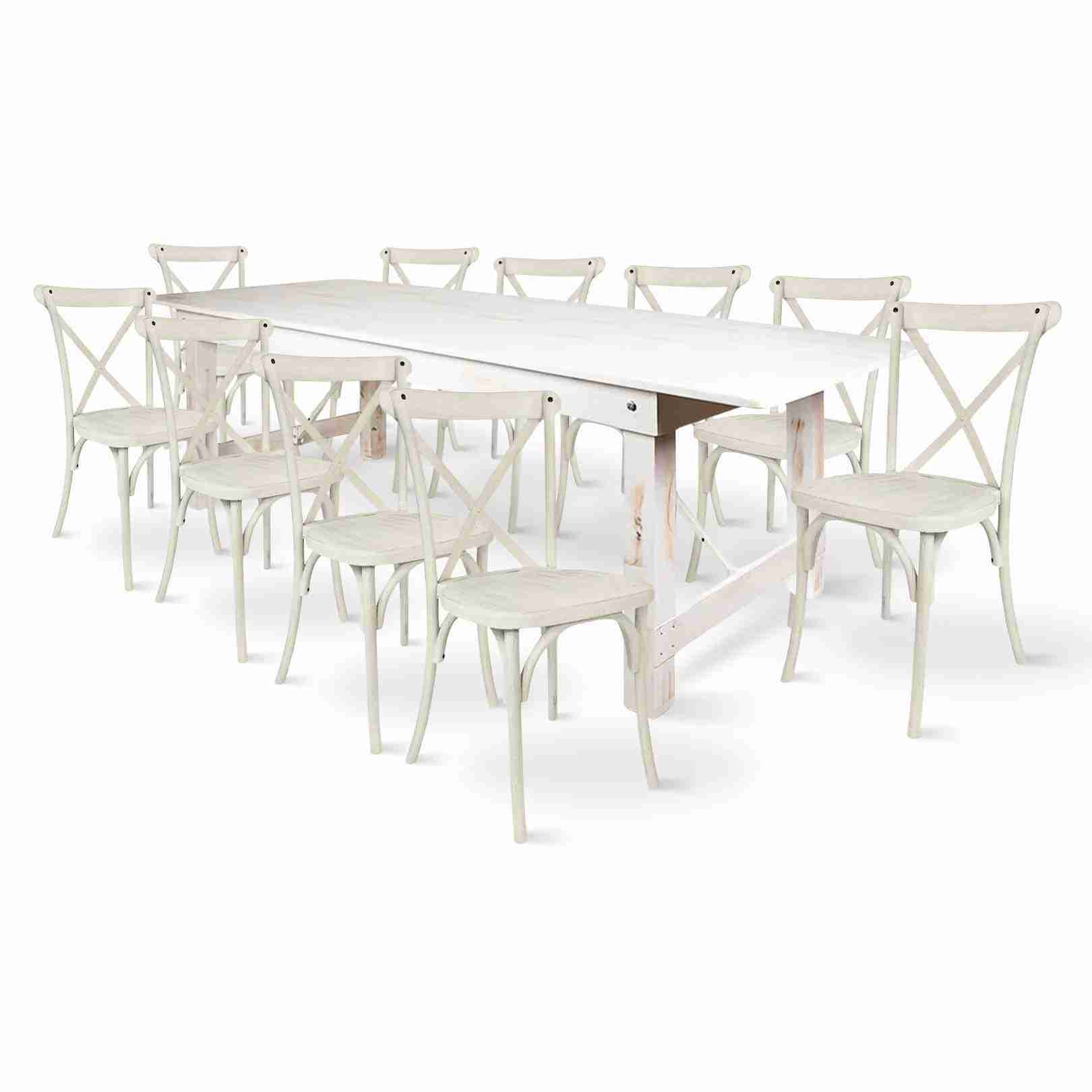White Distressed Straight Leg Farm Table Dining Set with 10 Chairs | Rental White Distressed Straight Leg Farm Table Dining Set with 10 Chairs | Rental