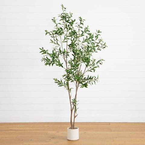 7’ Artificial Minimalist Olive Tree in White Decorative Planter | Rental