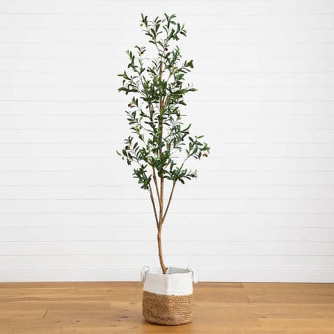 7’ Artificial Olive Tree with Natural Trunk and Handmade Jute Basket | Rental