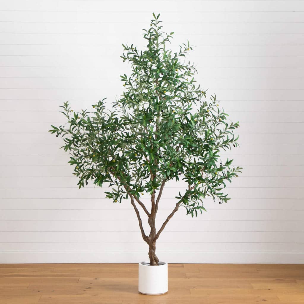 8’ Artificial Grand Olive Tree in White Decorative Planter | Rental