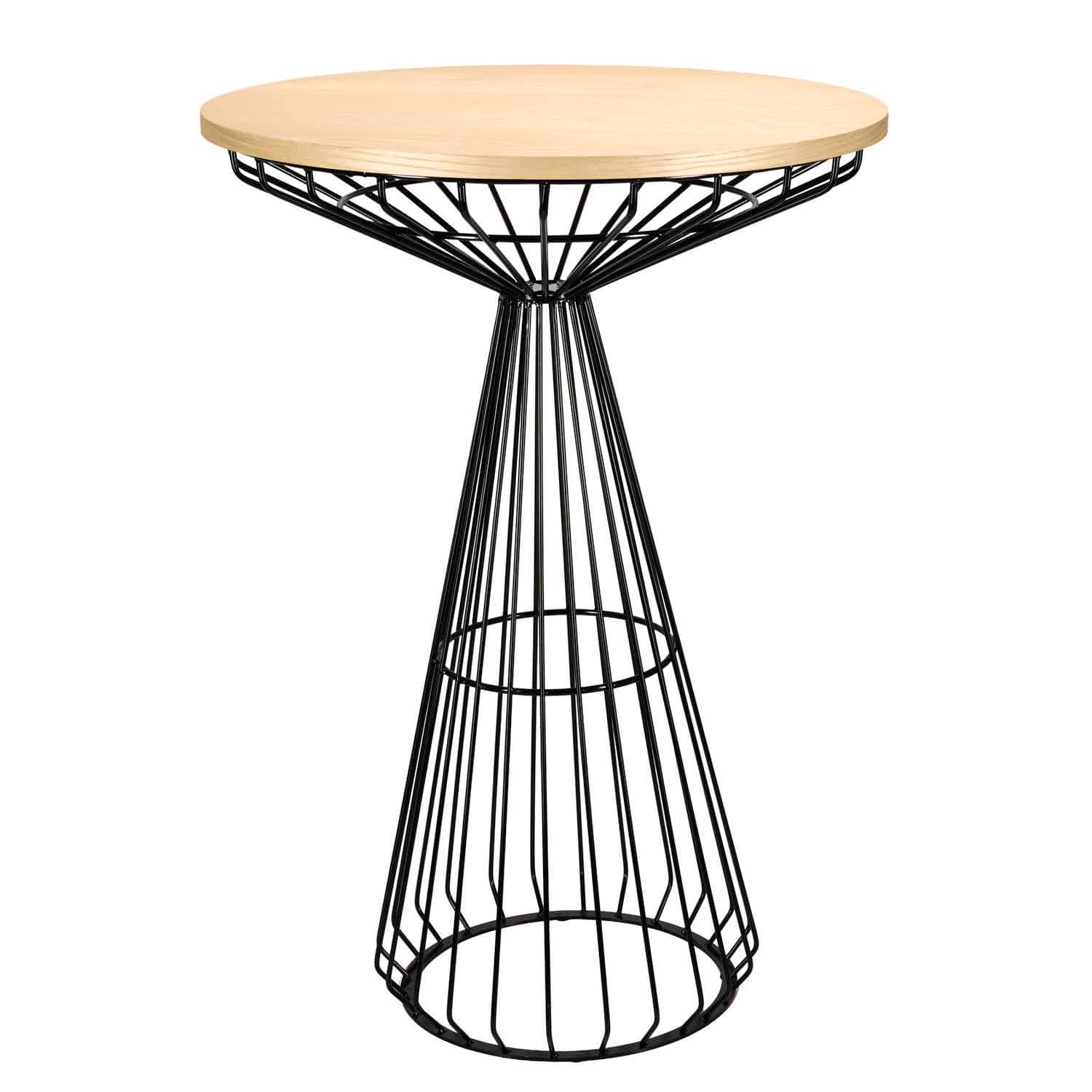Black Wire Cocktail Table with 32″ Natural Oak Top and Durable Black Steel Base | Rental Black Wire Cocktail Table with 32″ Natural Oak Top and Durable Black Steel Base | Rental