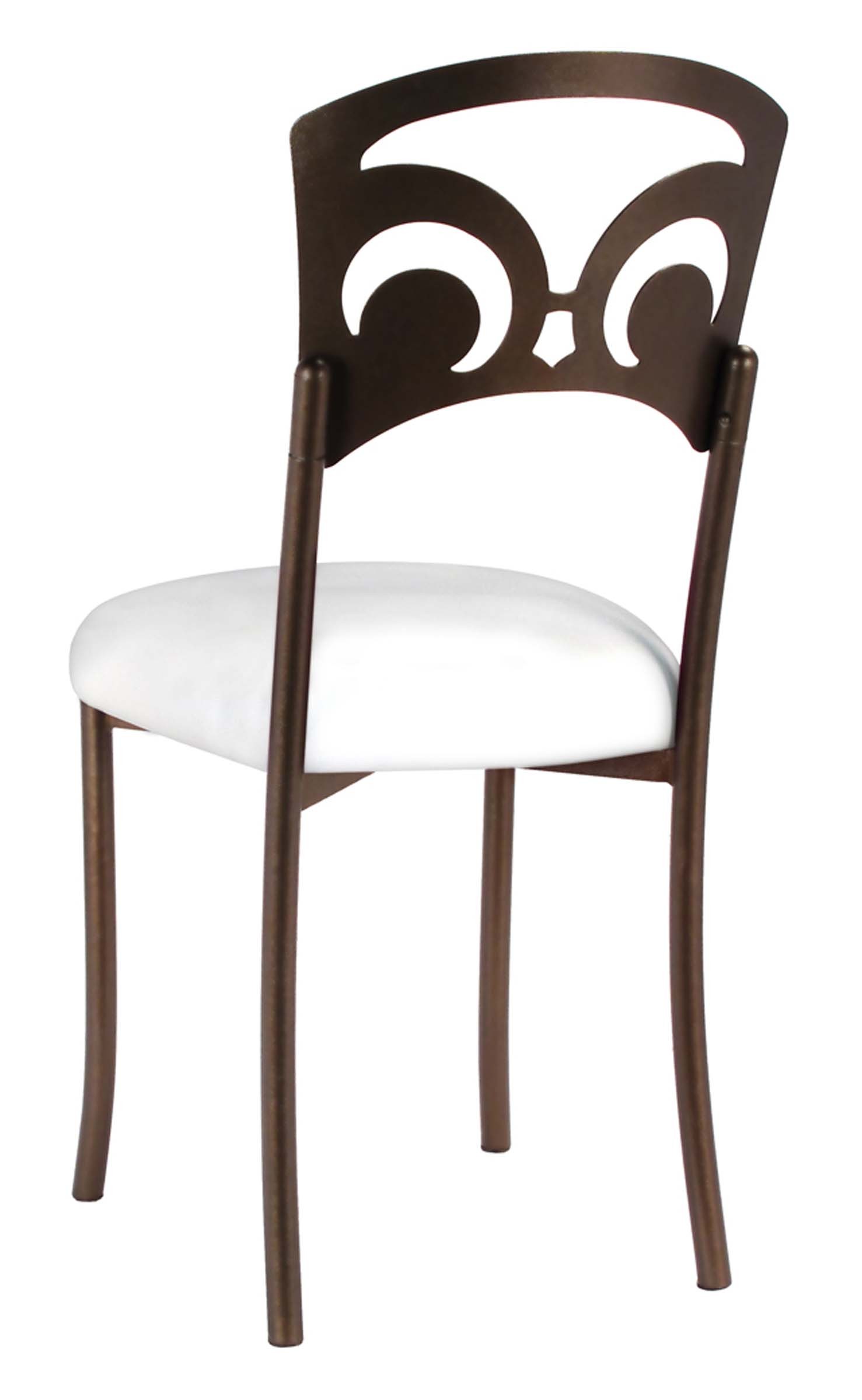 Bronze Fleur de Lis with White Leatherette Boxed Cushion – Chameleon Chair Collection | Rental