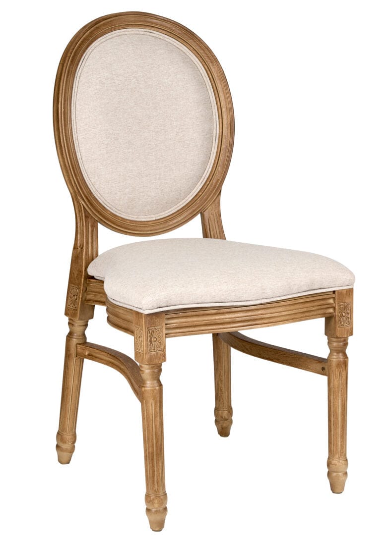 Chestnut Resin Louis Pop Chair Beige Tweed Fabric Back and Seat | Rental Chestnut Resin Louis Pop Chair Beige Tweed Fabric Back and Seat | Rental
