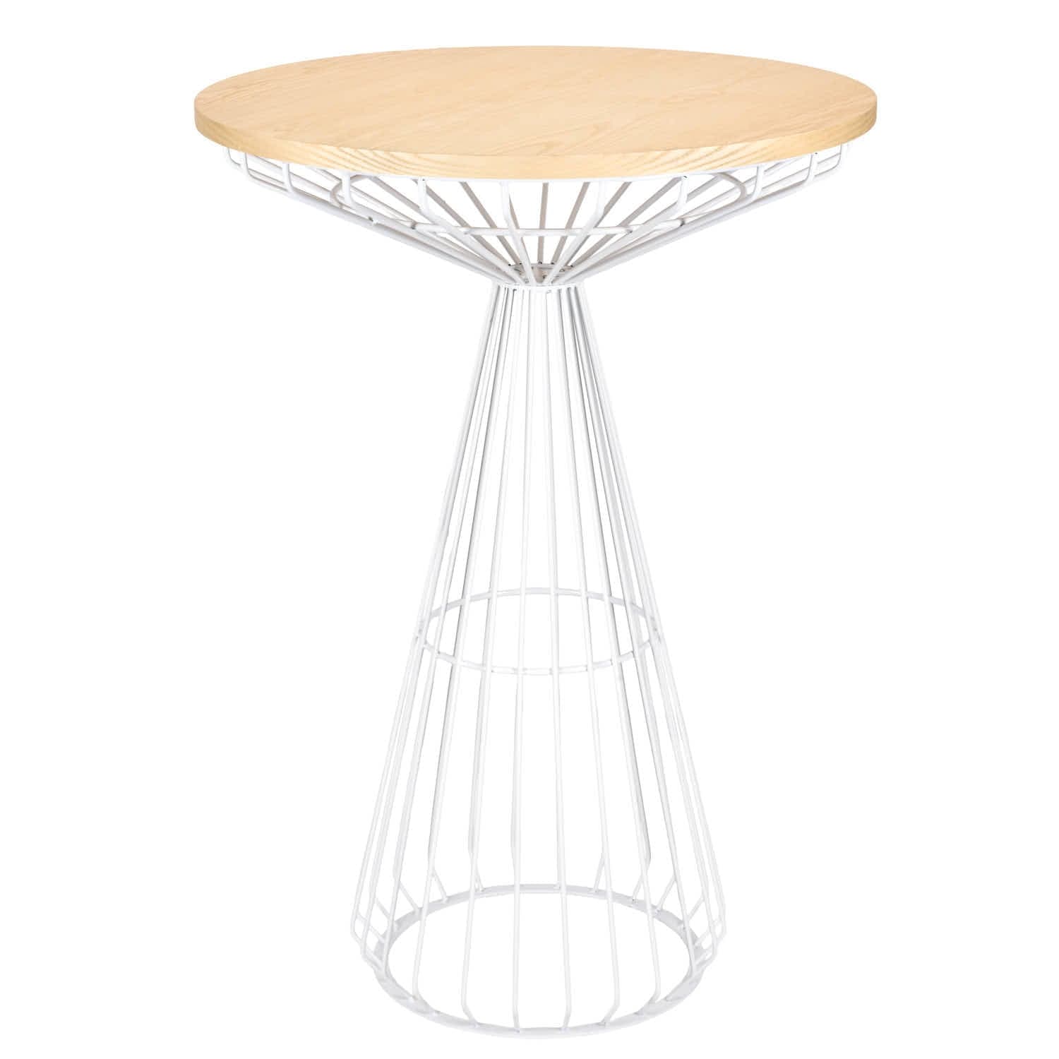 White Wire Cocktail Table with 32″ Natural Oak Top and Sturdy White Steel Base | Rental White Wire Cocktail Table with 32″ Natural Oak Top and Sturdy White Steel Base | Rental