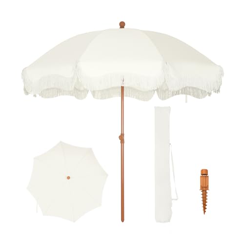 PHI VILLA 7ft Beach Umbrella with Fringe & Sand Anchor, Outdoor Patio Heavy Duty Windproof Portable Tassel Umbrellas for Sand with Push Button Tilt & Carrying Bag, UPF 50+, White(N | Rental