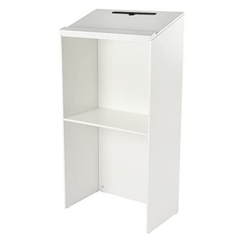 Wooden Floor Podium Stand with Storage Shelf and Wheels, MDF Portable Standing Desk Multi-Purpose Mobile Laptop Lectern for Speeches, Slanted Desktop (White – 23” W x 14.2” D x 4 | Rental