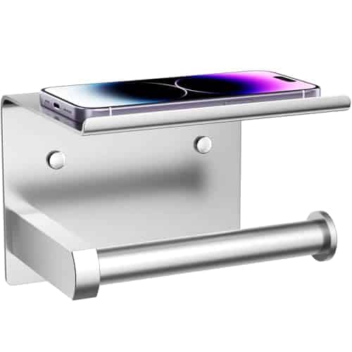 Tindbea Toilet Paper Holder with Phone Shelf, Adhesive or Screw Wall Mount Toilet Tissue Roll Holder, Rustproof & Multifunctional Stainless Steel Bathroom Storage Dispenser (Brushe | Rental Tindbea Toilet Paper Holder with Phone Shelf, Adhesive or Screw Wall Mount Toilet Tissue Roll Holder, Rustproof & Multifunctional Stainless Steel Bathroom Storage Dispenser (Brushe | Rental