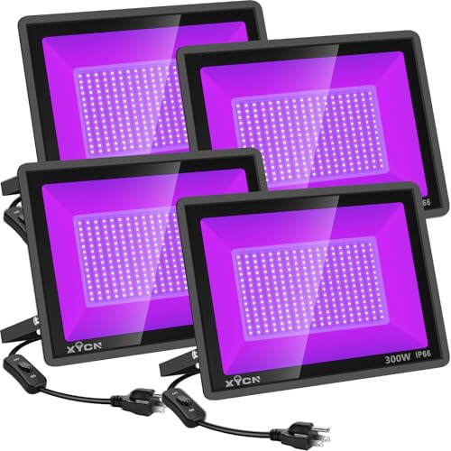 XYCN 4 Pack 300W LED Flood Black Lights,395nm to 405nm UV Outdoor Flood High Power Blacklight Light with Plug in, IP66 Waterproof Large Black Light Spotlight for Glow Party Large S | Rental