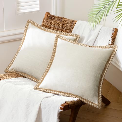 Phantoscope Pack of 2 Farmhouse Modern Spring Decorative Throw Pillow Covers Burlap Linen Trimmed Outdoor Pillows Tailored Edges Off White 18 x 18 inches, 45 x 45 cm | Rental