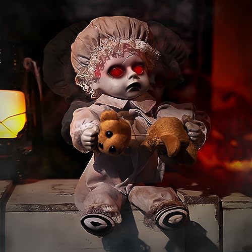 NEYEABL 10″ Spirit Animatronic Ghost Boy Doll Halloween Decorations.-Sound Activated,Creepy Sound & Head & Hand Movements,Red Eyes Lit, Haunted House Holiday Props, Halloween Spook | Rental