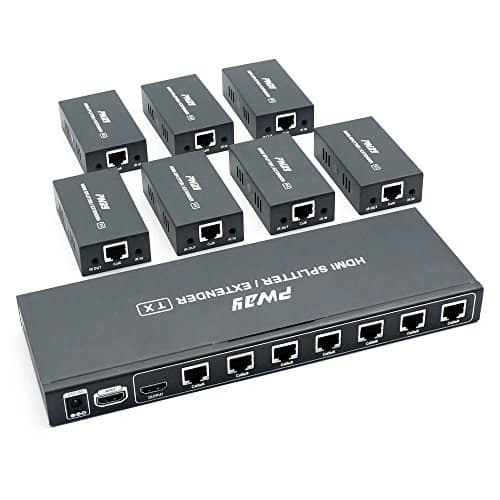 PW-HTS0107IR(POC) 1080P 3D 1×7 7 Port HDMI Extender Splitter 196Ft/60m Over CAT5e/CAT6/CAT7 with HDMI Loopout & Bi-Directional IR Remote Control EDID One Power Supply (1 in 8 Out) | Rental
