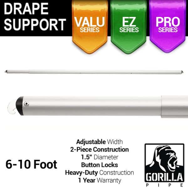 6-10ft Telescoping Drape Support w/ Button Stops at 8ft | Rental