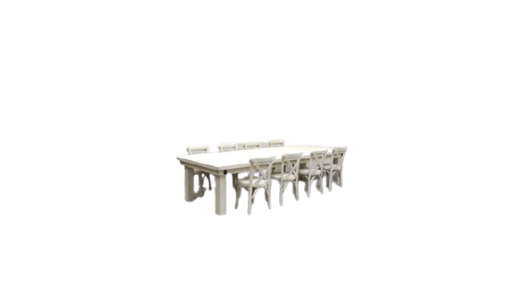 Package – Kids Rectangle Vintage White Farm Table Package With 8 Chairs | Rental