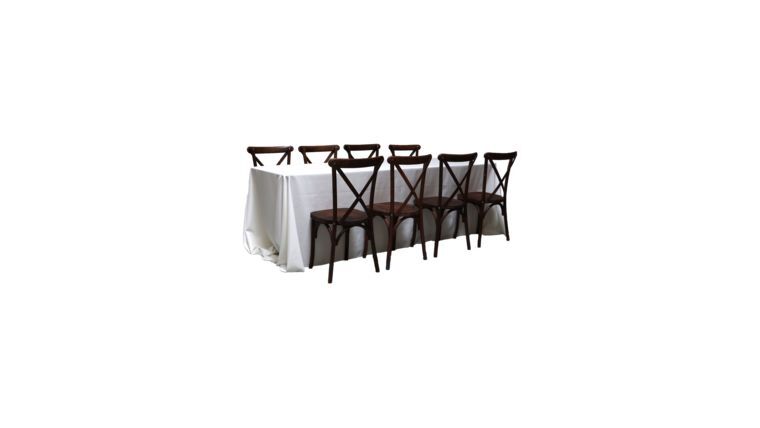 Package – 1 (8′) Banquet Table With 8 Mahogany Cross-Back Chairs Package | Rental