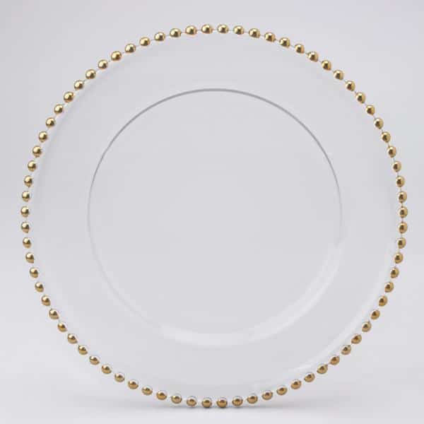 Decostar™ Glass Charger Plate with Gold Beaded Edge 12½” – 8 Pieces | Rental