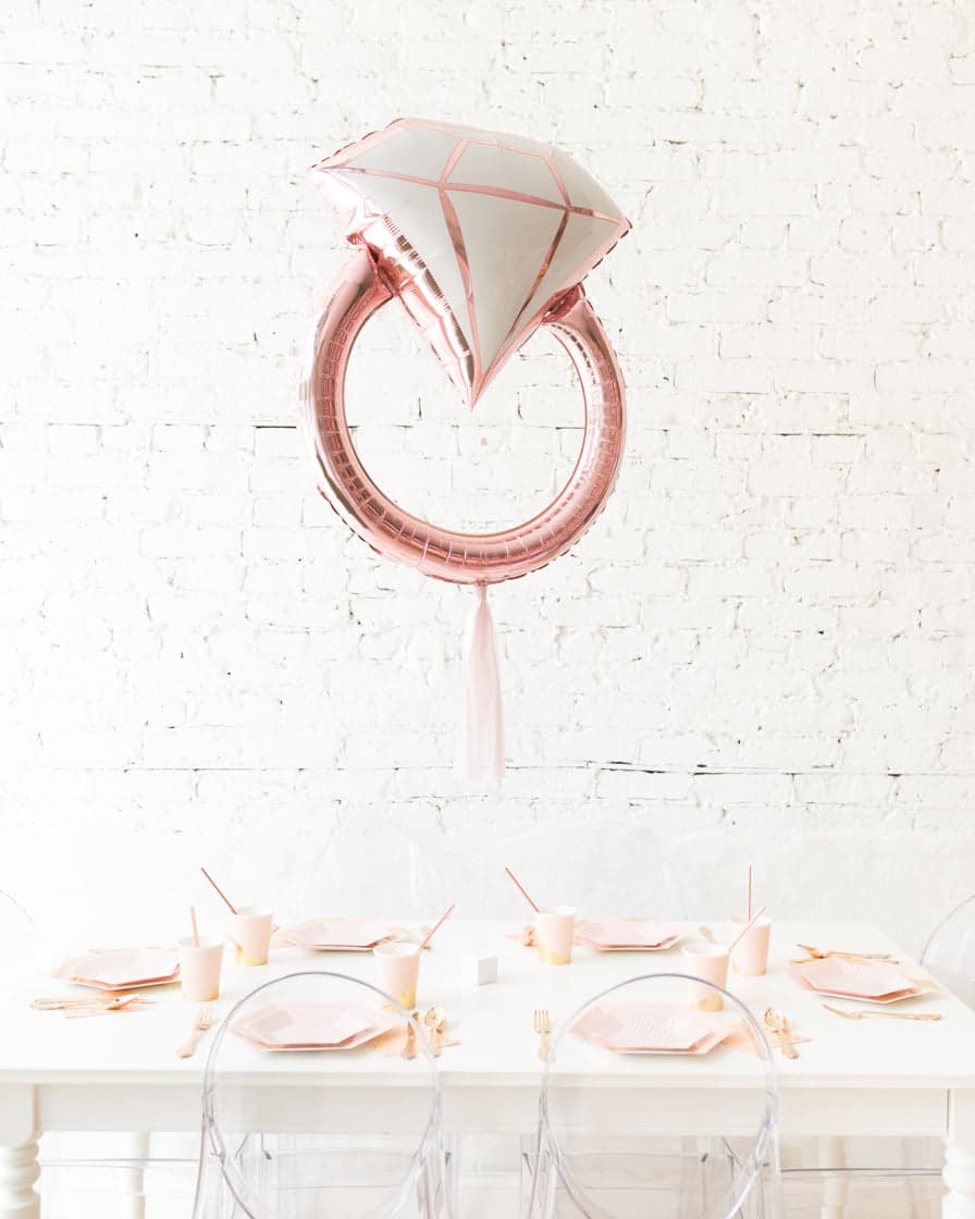 Rose Gold Diamond Ring Foil Balloon with Mauve Skirt Centerpiece | Rental
