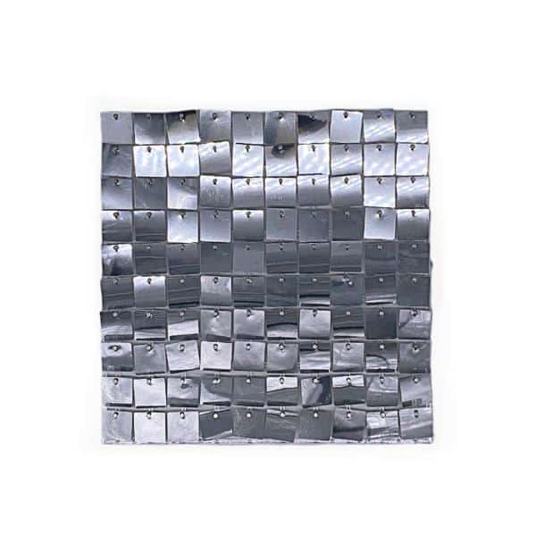Easy Connect Shimmer Wall Panels w/ Transparent Grid Backing & Square Sequins – 12 Tiles – Silver | Rental Easy Connect Shimmer Wall Panels w/ Transparent Grid Backing & Square Sequins – 12 Tiles – Silver | Rental