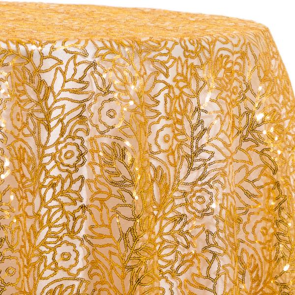 Gold – Fancy Leaf Sequin Overlay by Eastern Mills – Many Size Options | Rental Gold – Fancy Leaf Sequin Overlay by Eastern Mills – Many Size Options | Rental