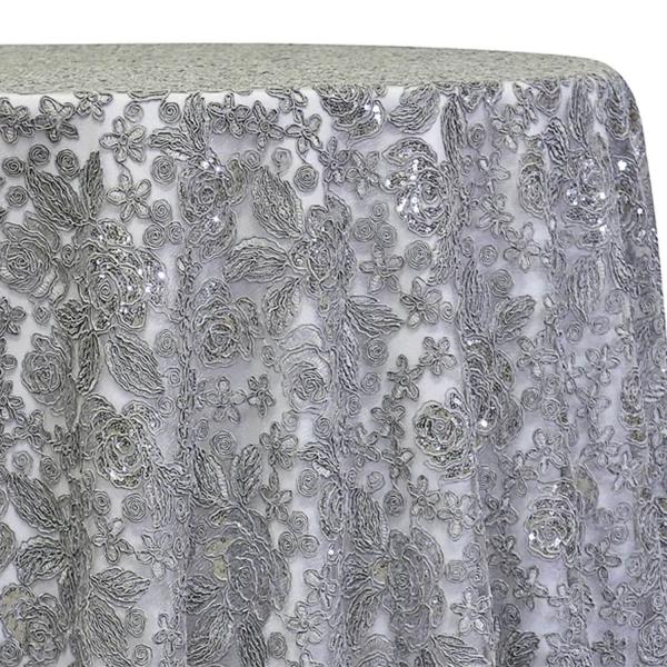 Silver – Sweetheart Lace Overlay by Eastern Mills – Many Size Options | Rental Silver – Sweetheart Lace Overlay by Eastern Mills – Many Size Options | Rental