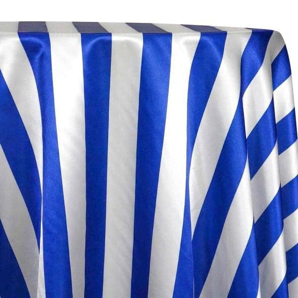 2″ Satin Stripe Table Linen in White and Royal | Rental 2″ Satin Stripe Table Linen in White and Royal | Rental