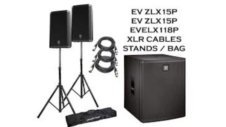 (2) Electro-Voice ZLX-15P-G2 15″ 1000W Powered Speaker, (2) Gator Tote-15 Bags, EV ELX200-18SP, (2) Speaker Stands, (3) XLR Cables Bundle | Rental
