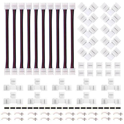5050 4Pin RGB LED Strip Connector Kit – includes 10x T Shape Connectors, 10x LED Strip Jumper, 10x L Shape Connectors, 10x Gapless Connectors, 20x LED Strip Clips, 20x 4 Pin Male to Male Connector | Rental