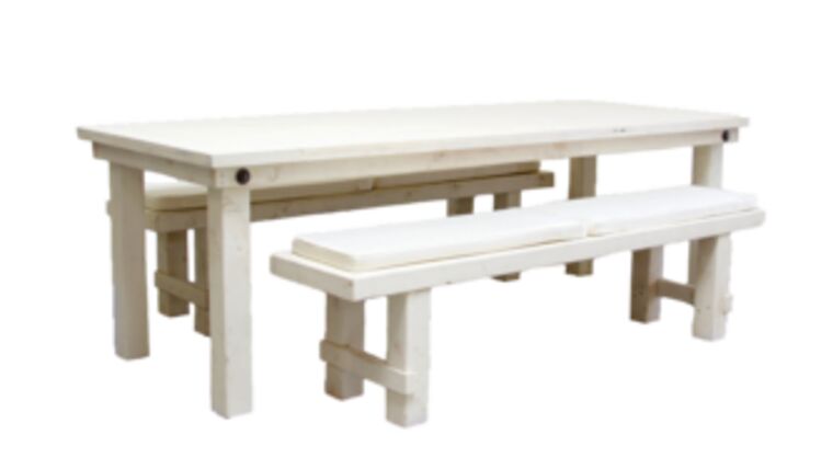 Package – 1 Vintage White Farm Table With 2 Long Benches Package | Rental