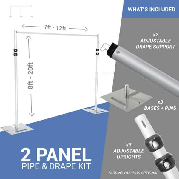 DELUXE-2 Panel Pipe and Drape Kit / Backdrop – 8-20 Feet Tall (Adjustable) Comes W/ 3 Piece Uprights for Maximum Height Adjustment | Rental DELUXE-2 Panel Pipe and Drape Kit / Backdrop – 8-20 Feet Tall (Adjustable) Comes W/ 3 Piece Uprights for Maximum Height Adjustment | Rental