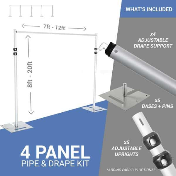 DELUXE-4 Panel Pipe and Drape Kit / Backdrop – 8-20 Feet Tall (Adjustable) Comes W/ 3 Piece Uprights for Maximum Height Adjustment | Rental DELUXE-4 Panel Pipe and Drape Kit / Backdrop – 8-20 Feet Tall (Adjustable) Comes W/ 3 Piece Uprights for Maximum Height Adjustment | Rental