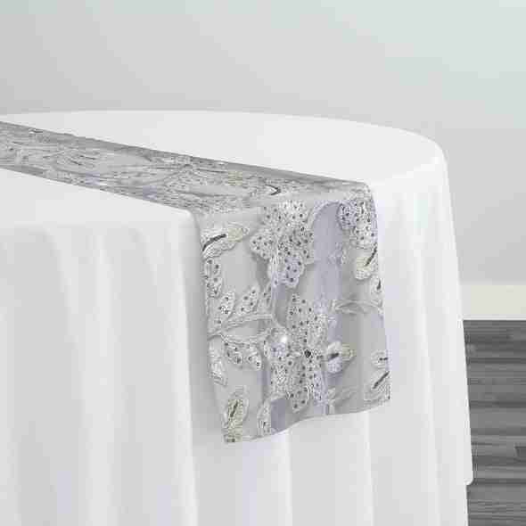 Claire Lace Table Runner in Silver and White | Rental