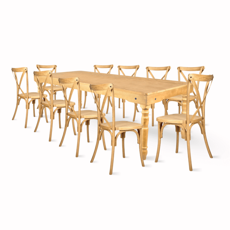 Natural Fluted Leg Farm Table Dining Set with 10 Chairs | Rental Natural Fluted Leg Farm Table Dining Set with 10 Chairs | Rental