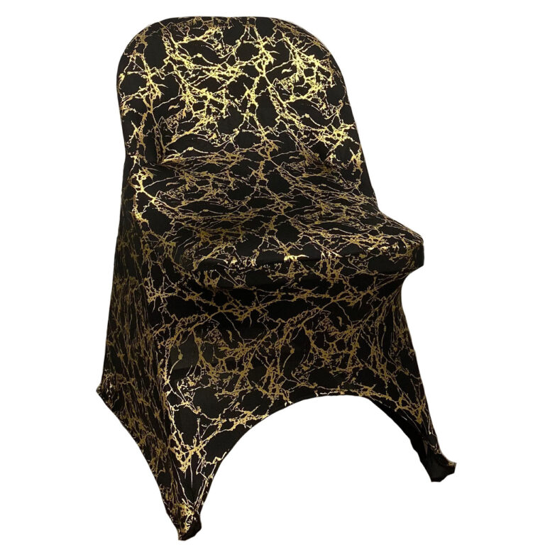 Stretch Spandex Folding Chair Cover Black With Gold Marbling | Rental